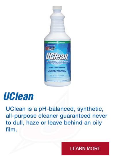 UClean is a pH-balanced, synthetic, all-purpose cleaner guaranteed never to dull, haze or leave behind any oily film.